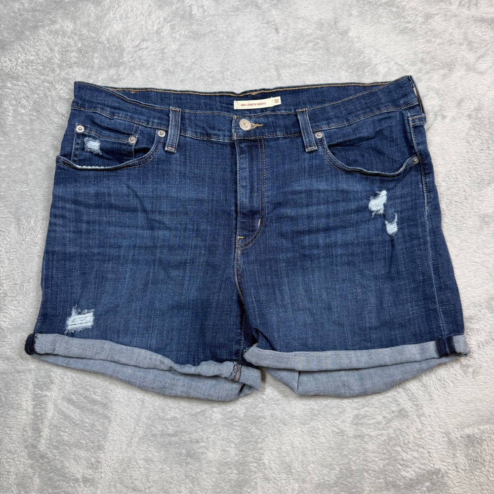 Levi Mid Length Shorts Womens 32 (Fits 36) Blue Distressed Cuffed Denim Y2K